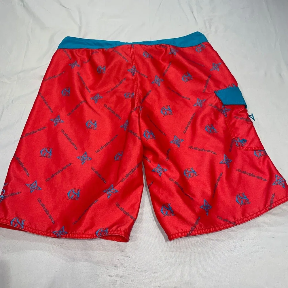 Quiksilver Mens Red Blue Logo Print Board Shorts Cargo Pocket Size 34